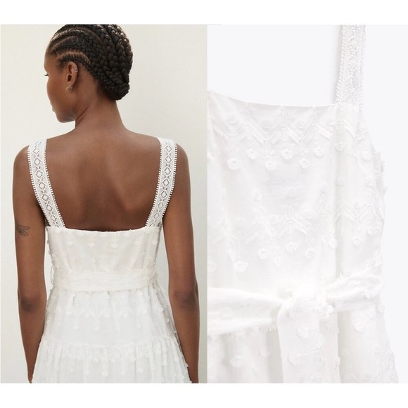 ZARA White Lace Midi Dress Belted Lacey Bridal Honeymoon Cottagecore Medium - Picture 5 of 8